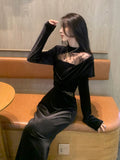 Birthday Dress Dress Banquet Femininity Lace Dress Rich Man With Black Velvet Dress Autumn And Winter