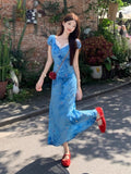 Blue Temperament Holiday Wind And Flowers Dress Women 2026 Summer New Thinch Waist Thin Atmosphere Long Dress