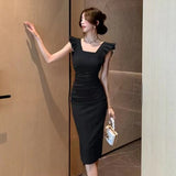 Flying Sleeve Dress Women's Spring 2025 New French Small Square Leads To Skinny And Medium-Sized Fork Dresses