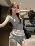Korean Version Of Sweet Spicy Little Man Wearing Pure Want To Print Thin Short Coat Low-Waisted Folding Shorts Two Sets Of Women