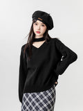 2025 Autumn And Winter New Black V-Neck Sweater Women In The Spring And Autumn With Long Sleeve Bottom Shirt Outside Wearing Hanging Neck Knitting Tops