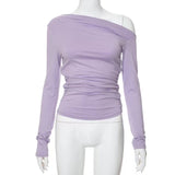 2025 Slanted Shoulder Asymmetrical Solid Umbilical Umbilical Top Long Sleeve Splicing Design