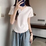 White Short-Sleeved T-Shirt Women's Summer Front Shoulder Thin Design Embody Irregular Short V-Neck Collar Collar Collar Collar Collar Collar Collar Collar Collar Collar Collar