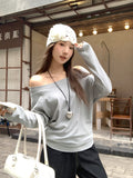 Pure Desire A Word Shoulder Gray Angle Shoulder Long-Sleeved T-Shirts For Women's Autumn Loose Bottom Shirt Languid Chic Beauty Top