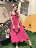 Rose Pink Tuxedo Sling Skirt Mid-Long 2025 Summer New Korean Version Of Loose Sweet Dress Fairy