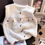 Vintage Knitted Vest Women Handmade Flowers Spring And Autumn Shoulder Vest Collar Folded Sweet Taut Horse Clip