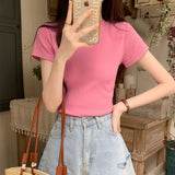 Red Retro Short White Women's Top Summer Tight Shoulder Sweet Hottie French Chic Short-Sleeved T-Shirt