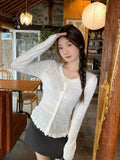 White Round Collar Hook Hollow Long-Sleeved Knitted Cardigan 2026 Autumn New Slim Thin Top
