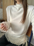 Half-High Collar Wood Ear With Velvet Knitted Long-Sleeved Bottom Shirt Women Autumn And Winter Lace Lace To Receive Waist And Top