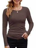 2025 Women's Women's Ribs Cotton Fabric Basic Round Neck Solid Color Long-Sleeved T-Shirt Repair
