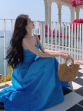 French Blue Sling Dress Seaside Holiday Dress High Quality Waist Big Skirt Beach Dress Summer