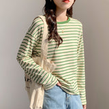 Striped Long-Sleeved T-Shirt Women 2026 Spring And Autumn New Loose Cotton Green Thin Bottom Shirt Inside The Top