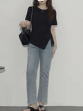 Irregular Opening Fork Straight Shoulder Short-Sleeved Women's T-Shirt Summer Large-Size Fat Mm Cover Big Thin Loose Design Top