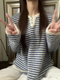 Korean Vintage High-Sense Blue Striped Long-Sleeved Knitted Sweater Women's Autumn And Winter 2025 Loose Coat