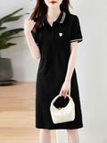 Pure Cotton Small Design Love Polo Collar Dress Women 2025 Summer New Casual Simple A Skirt