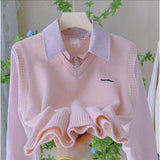Fake Two Striped Splicing Knitted Long-Sleeved Shirt Women's Spring New Leisure College Style Stacked Clothes