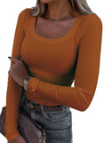 2026 New Burst Threaded Pit Strips Long-Sleeved Sexy U-Neck Casual Women's T-Shirt