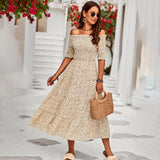 Dili Independent Research And Development Design Printing Dress 2025 Summer Shoulder Casual A-Shaped Dress Bubble Sleeve