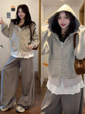 Hooded Jacket Women's Spring And Autumn 2025 New Korean Lazy Zipper Striped Cardigan Dress Early Autumn Wear