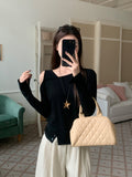 Design Chic Temperament Oblique Shoulder Long-Sleeved T-Shirt Autumn New Irregular Opening Open Fork And Dew Shoulder
