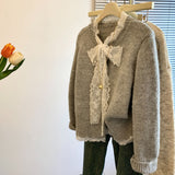 Sweet Pure Lust Lace Bow Sweater Coat Women Autumn And Winter Super-Looking Gentle Wind Top Soft Knitted Open Shirt