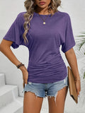 2025 Ladies Casual Fashion Pure Color Folded Round Collar Short Sleeves To Repair Summer T-Shirt