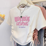 Pure Cotton T-Shirt Women's Short Sleeves To Repair Short Sweet Summer 2025 New Drawstring Collar Top