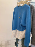 2025 New Blue Fake Two Lace Splicing Loose Outer Wear Sweater Women's Autumn And Winter Lazy Wind High Sense