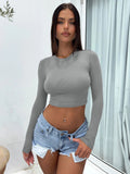 2025 Female Explosive Women's Sexy Hot Girl Solid Color Collar Body Open Umbilical Long-Sleeved T-Shirt Women's Clothing