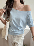 Pure Cotton Shoulder Oblique Shoulder Light Blue Loose Short-Sleeved T-Shirt Women Wear High-End Casual Shoulder Design Top