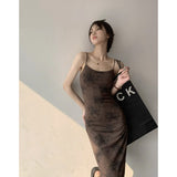 French Cold Wind Black Print Sling Dress Women's High-End Design Waist Thin Sister Style Long Dress