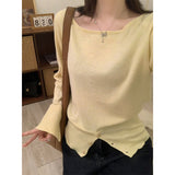 French Out-Of-Shoulder Button Open-Sleeved Knitted Shirt Girl Autumn Word On The Shoulder To Play The Bottom Of The Beautiful Short Top