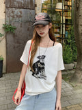 Lazy-Style Puppy Print Design With A Slanted Short-Sleeved T-Shirt For Women's Summer Ootd Beautiful Casual Shoulder Blouse