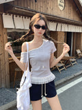 Summer Ootd Wearing Striped Collar Short-Sleeved T-Shirt Women's Lace Side Hem A Word Collared Hairdress