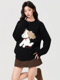 Black Sweet Cute Puppy Embroidered Hooded Sweater 2026 Autumn And Winter Loose Thicken Long-Sleeved Knitted Shirt Top