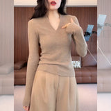 High-Level Sense V Collar Knitted Shirt Women's Bottom Shirt Autumn And Winter New Large-Size Fat Mm Slim Slim Thin Belly Top
