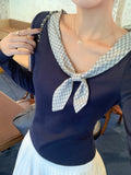 French Bow Tie With Slanted Shoulder Long-Sleeved T-Shirt For Women's Early Autumn Small Body Slim Slime Top