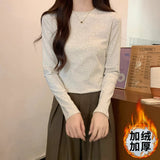 Milk White Gray Collar Shoulder Long Sleeves Solid-Colored T-Shirt Women's Early Autumn New Bottom Shirt Top