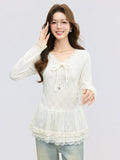 Korean Apricot Sweet Lace V-Neck Long-Sleeved T-Shirt For Women 2026 Spring Ballet Style Bottom Lace Jersey