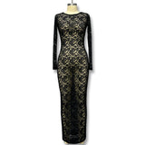 2025 Summer New Women's Pure Color Lace Perspective Long Sleeve Long Dress