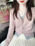 Sweet And Comfortable French Small Scented Fake Two V-Neck Knitted Cardigan Design Sweater Small Pink Top
