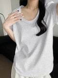 Short-Sleeved Women's Summer 2025 New Pink Shoulder T-Shirt Korean Loose Simple Leisure Thin U Collar Top