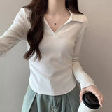 Korean Polo Collar Long-Sleeved Mask T-Shirt Women's Autumn And Winter New Design Feeling Folded Waist Unique Special To The Bottom Shirt