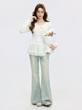 Korean Apricot Sweet Lace V-Neck Long-Sleeved T-Shirt For Women 2026 Spring Ballet Style Bottom Lace Jersey
