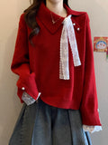 High-End Red Sweater Autumn And Winter 2025 New Large-Size Women's Fat Mm Beautiful Lace Spliced Knitted Shirt Top
