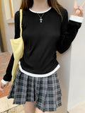Collider Splicing And Fake Two Shoulder Long-Sleeved T-Shirts For Girls Spring Folds To Collect The Waist Thin Round Collar Inside The Top Of The Top