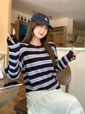 Korean Languid Wind Stripe Round-Neck Knitted Jersey Long-Sleeved Women 2026 Early Autumn New Loose Chic Design Top