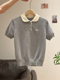 Super Nice Cute Embroidery POLO Collar Knitted Shirt Summer New Button Hood Repair On The Shoulder Short Sleeve Top