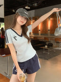 Lace Spliced Blue V-Neck Shoulder Short-Sleeved T-Shirt Women 2026 Summer New Design With Pure Lustful Chic Top