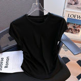 Pure Cotton Shoulder Round Collar Short-Sleeved T-Shirt Women's Summer Design Sense Of Niche Folding Waist Irregular Blouse Tide